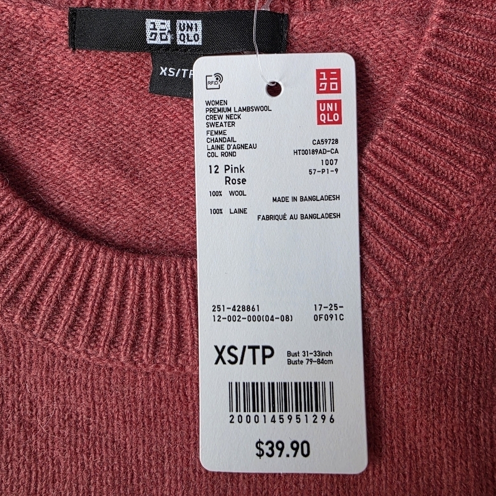 New With Tags: UNIQLO Premium Lambswool Crew Neck Sweater– Size XS – Salmon Pink - Picture 6 of 7